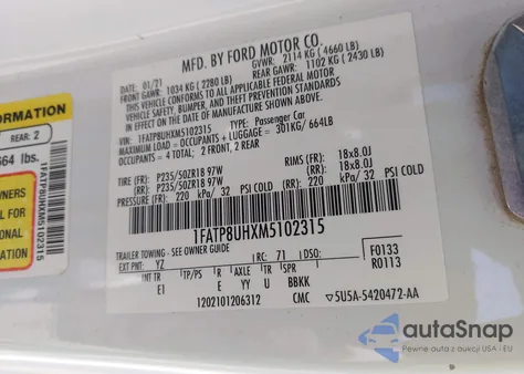 2021 Ford Mustang Ecoboost Premium from USA, damaged, VIN 1FATP8UHXM5102315